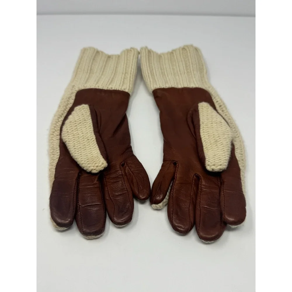 Grandoe Cashmere Cable Knit Leather Palm Gloves Cream Brown SM WPL9633